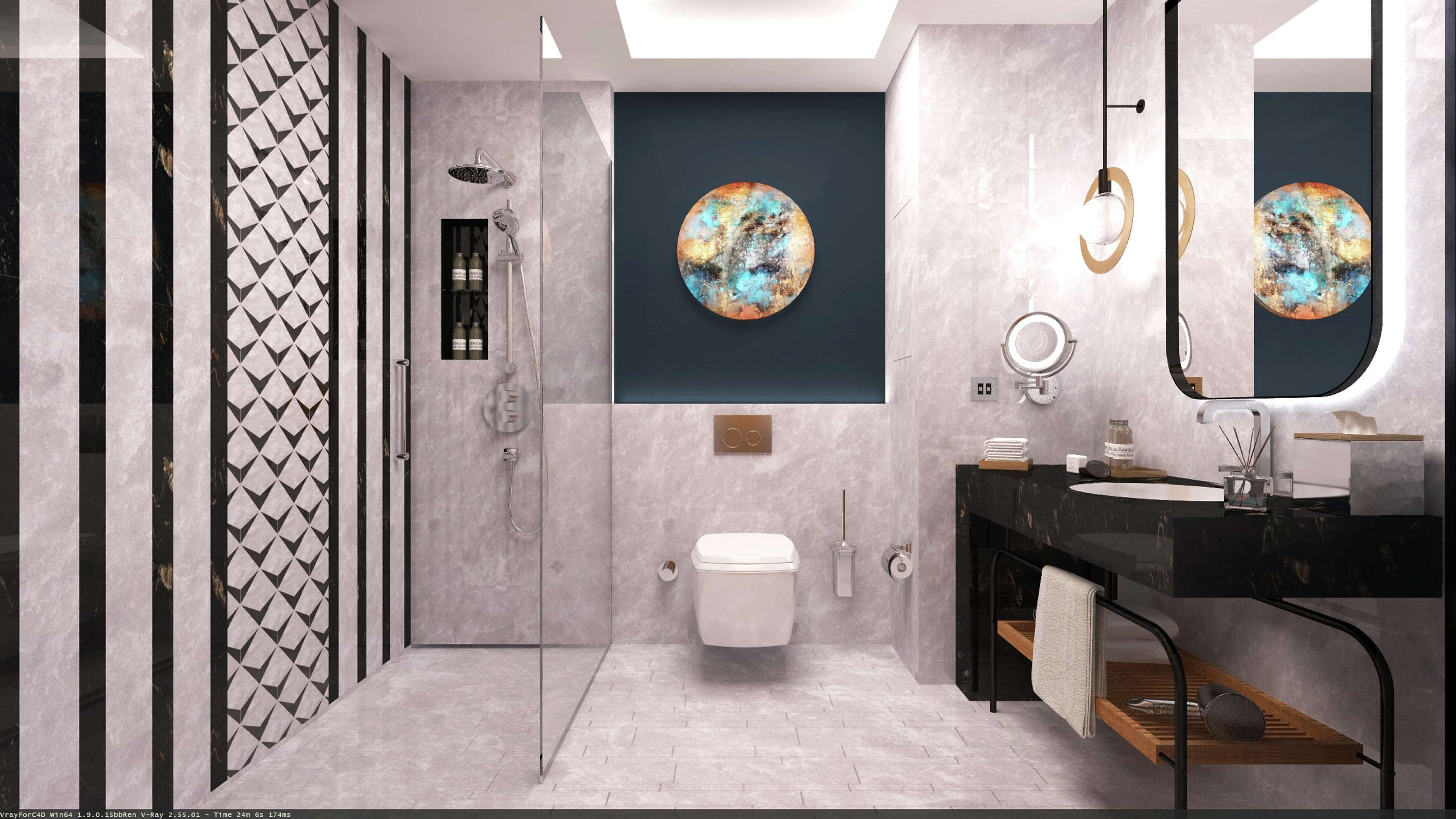 rainfall showerhead, free toiletries, hair dryer, slippers