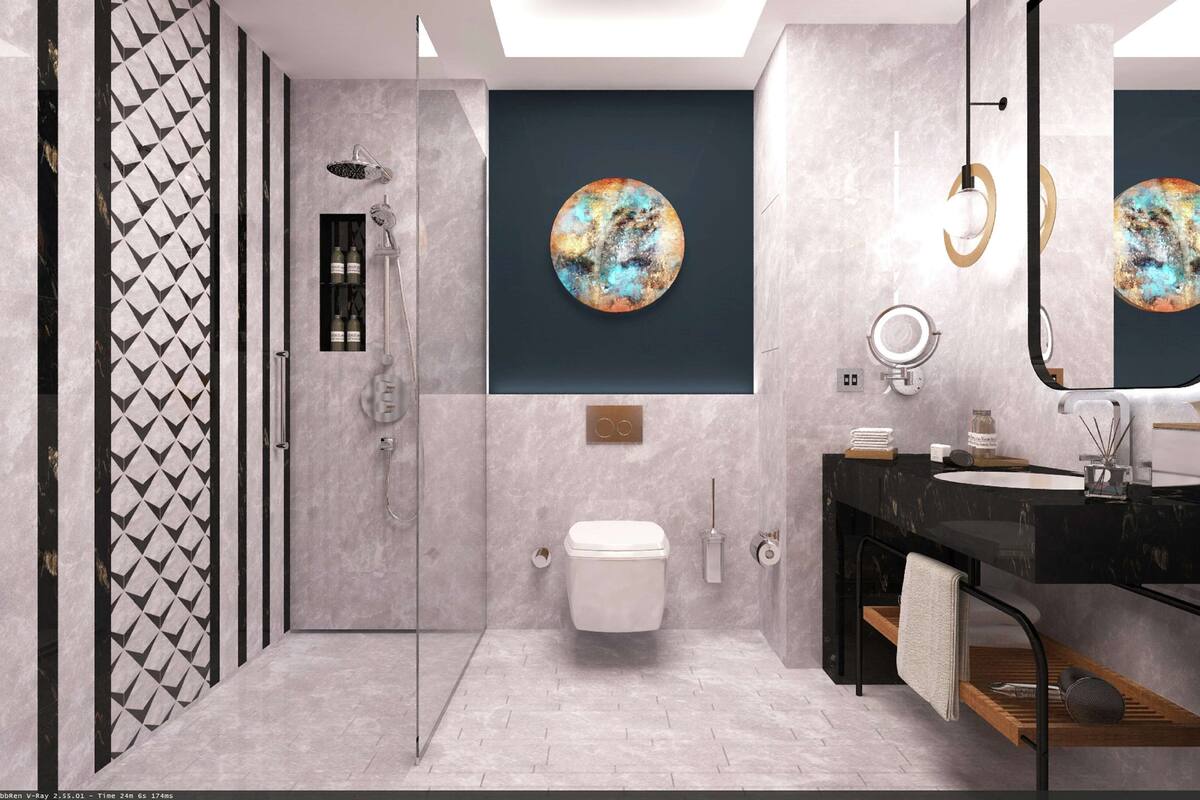 rainfall showerhead, free toiletries, hair dryer, slippers