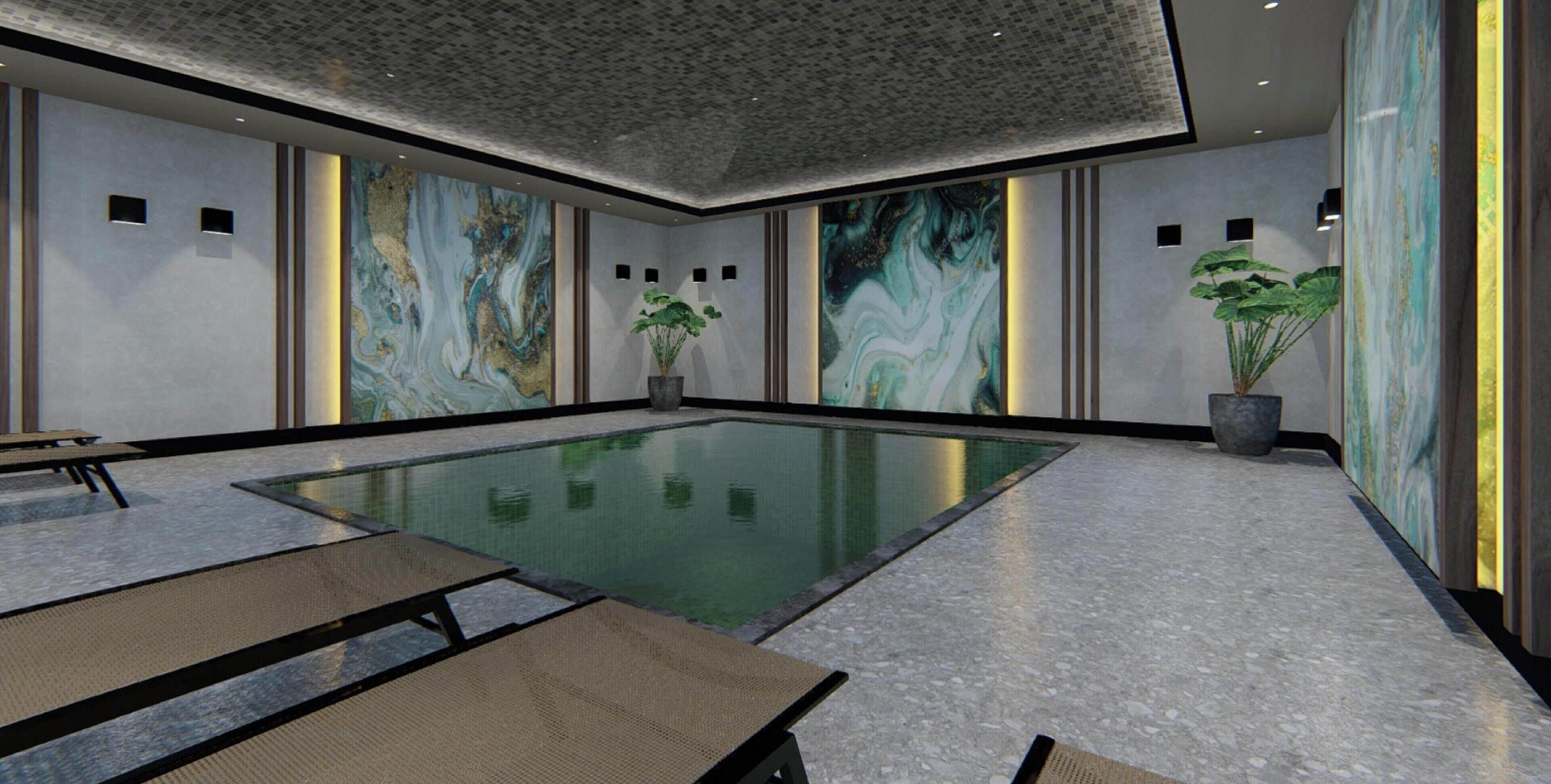 A modern indoor pool area with a rectangular pool, lounge chairs, and potted plants.
