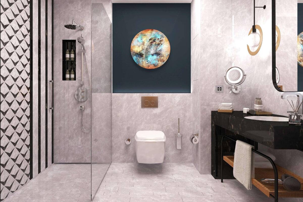 Bathroom | Rainfall showerhead, free toiletries, hair dryer, slippers