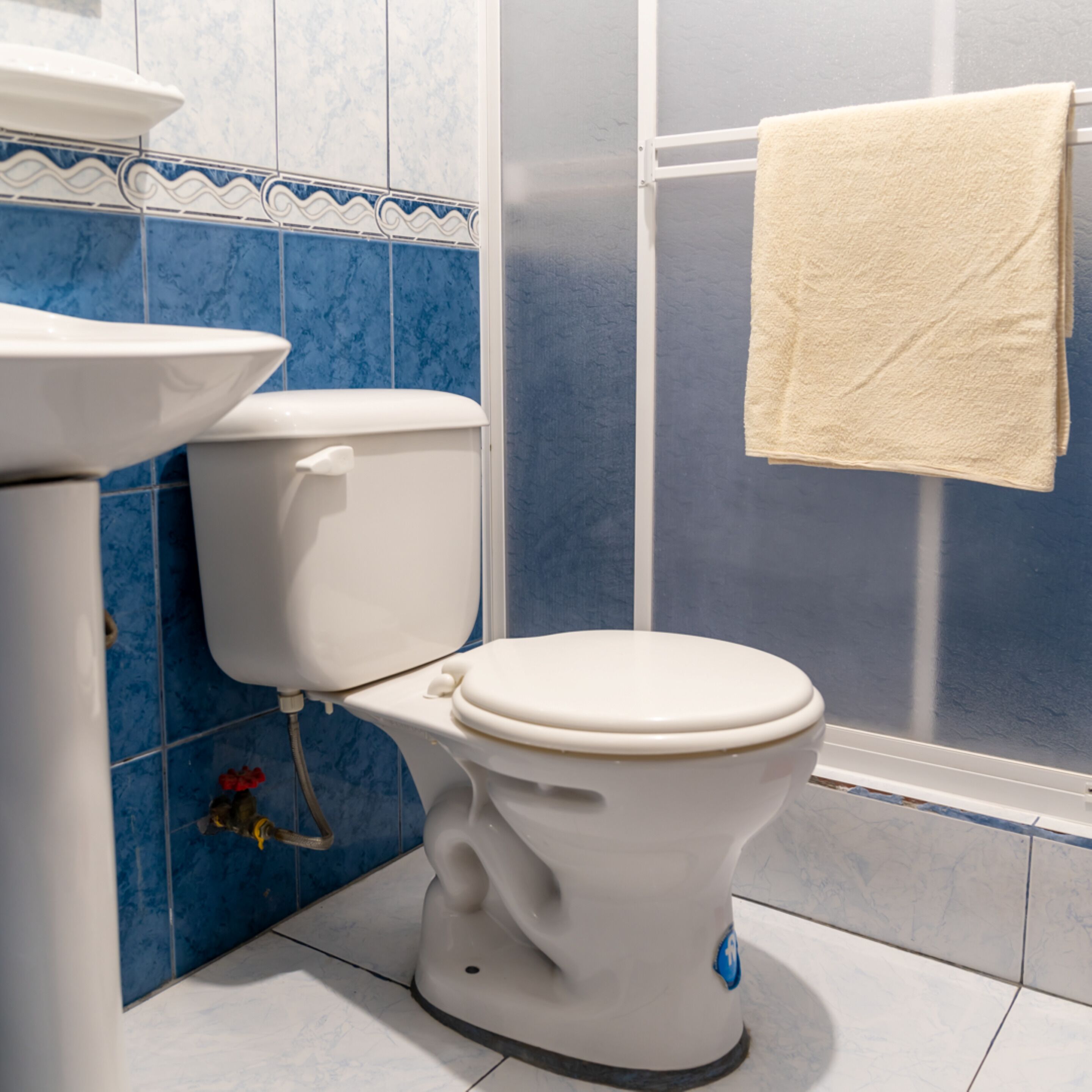 Un baño con inodoro, lavamanos y zona de ducha.