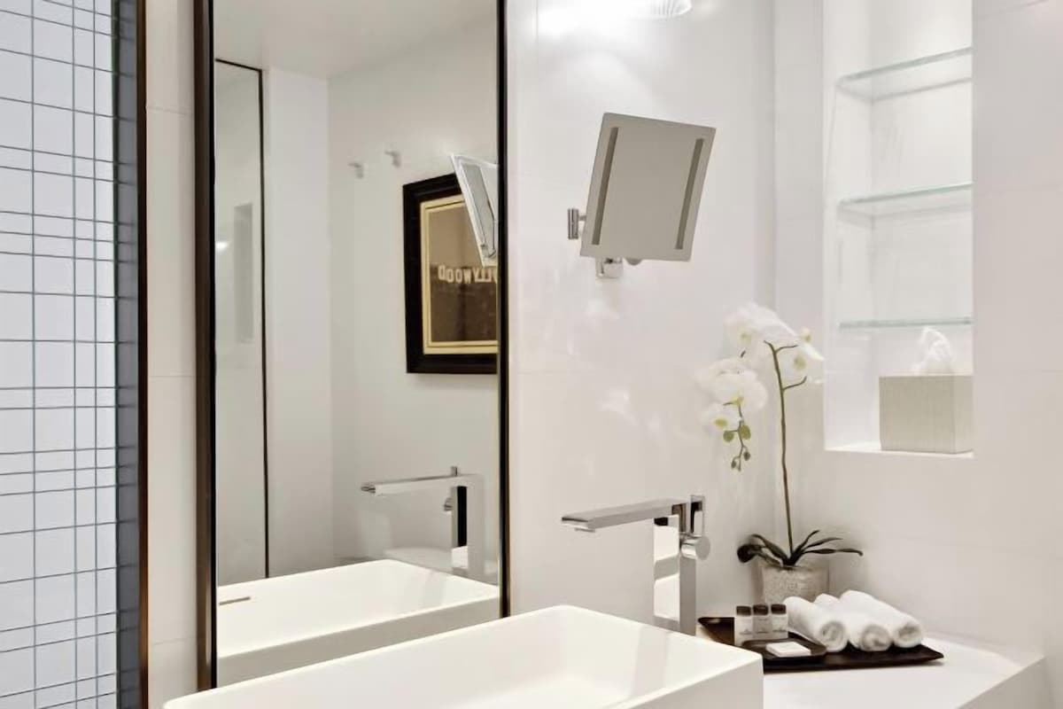 A modern bathroom with two sinks, a mirror, a towel rack, and a small plant.