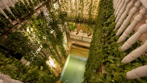 An indoor swimming pool surrounded by lush greenery and white balustrades. - Leones de Alba Hotel Boutique (Cartagena)