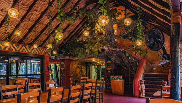 A restaurant with wooden tables and chairs, hanging lights, and a tree-like structure with hanging lights.