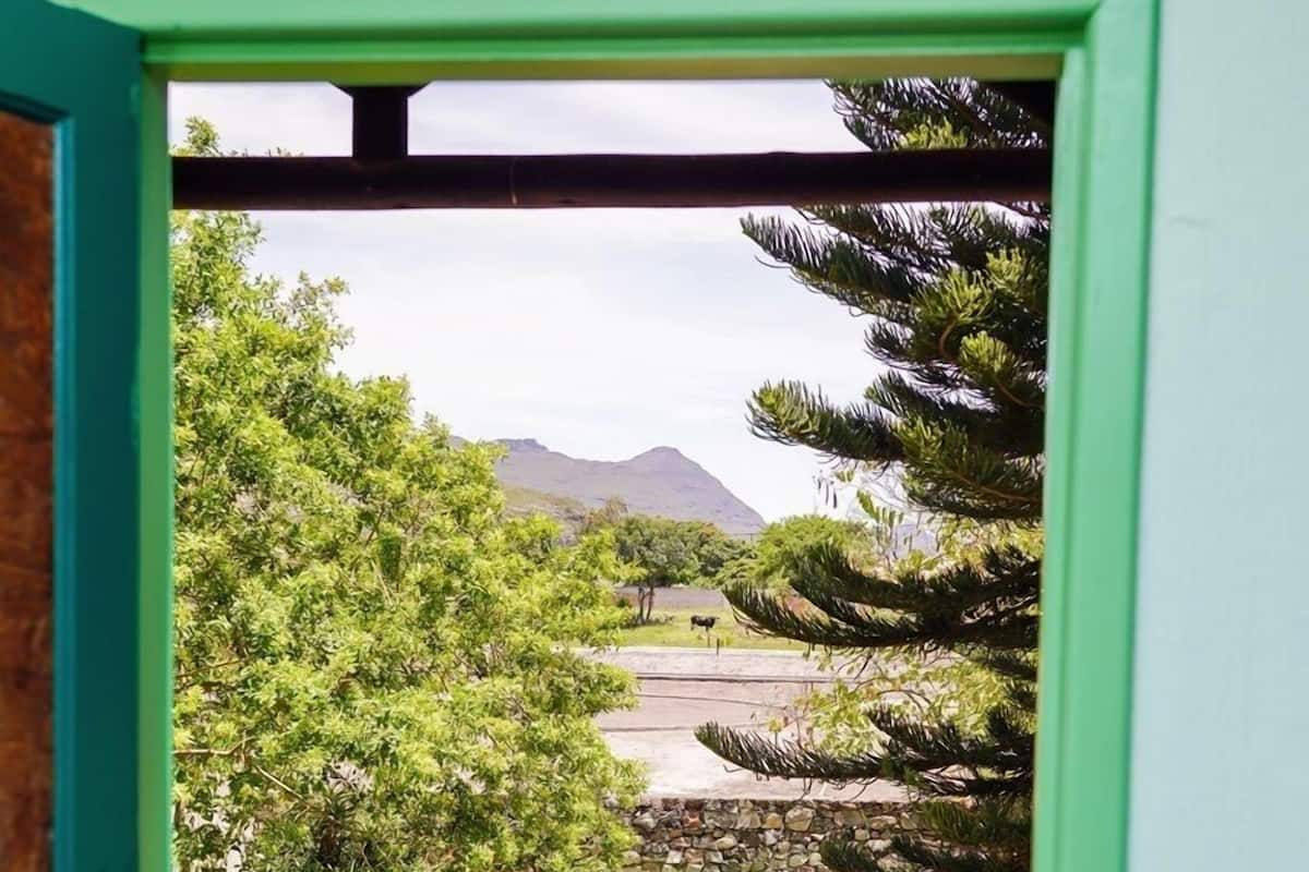 A view from a balcony with a stone pathway leading to a grassy area and a mountain in the background.