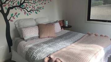 Blackout curtains, iron/ironing board, bed sheets