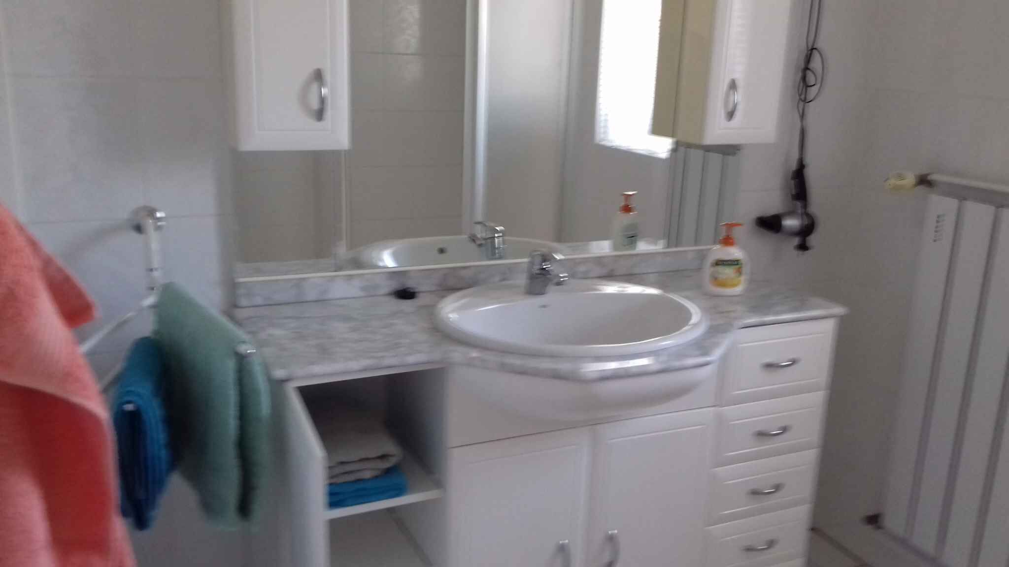 A bathroom with a sink, mirror, and cabinets.