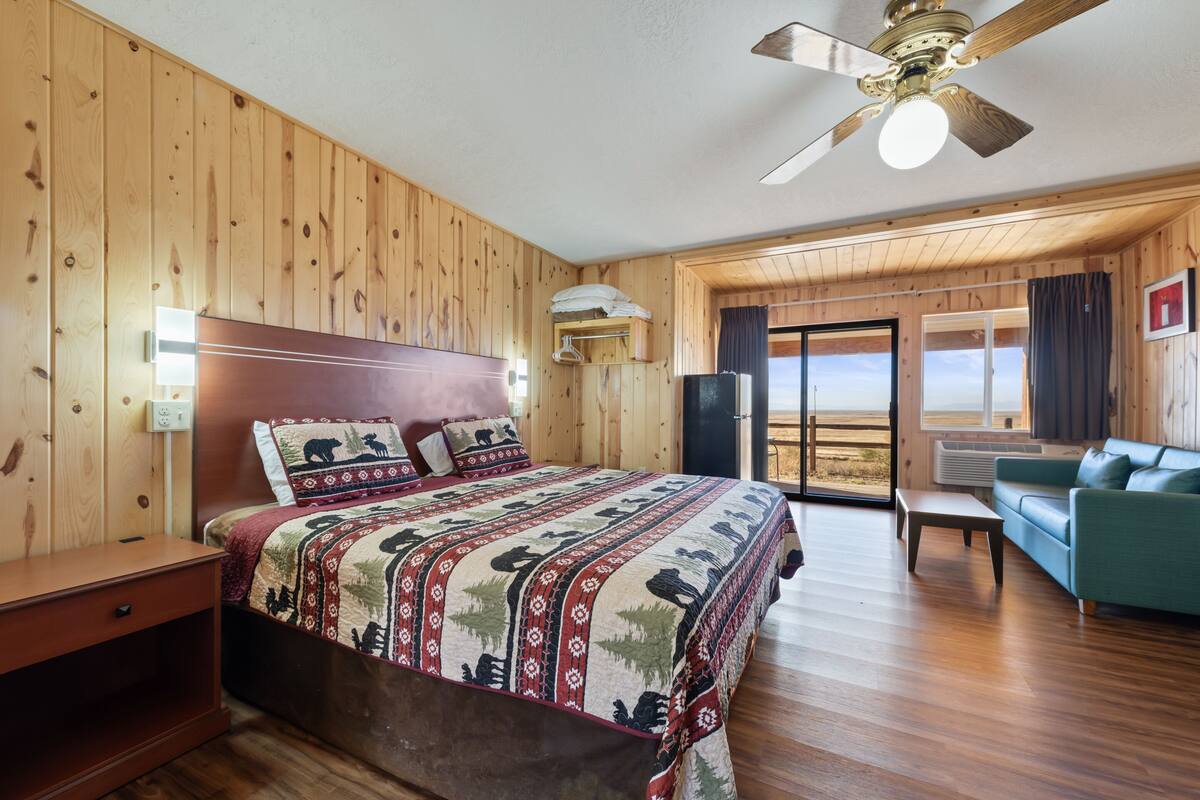 A wooden-paneled room with a bed, a ceiling fan, a view through a glass door, and a green sofa.