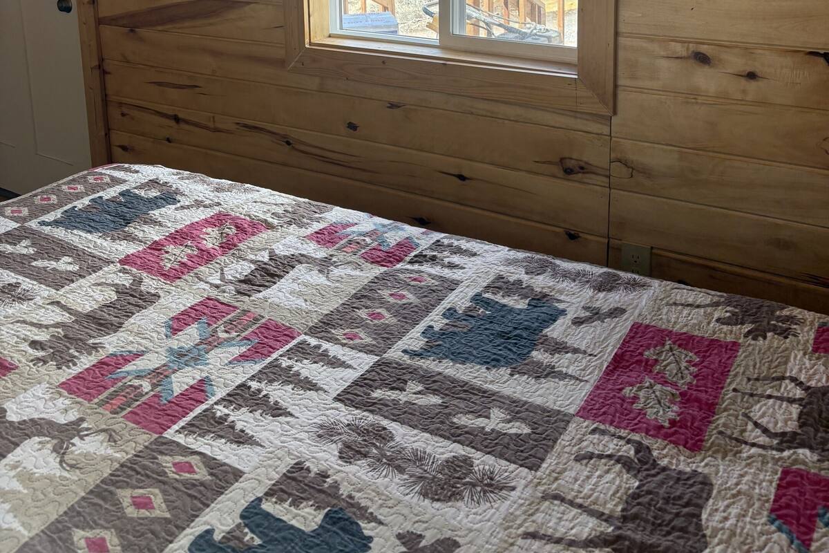 A wooden cabin room with a bed, a window, and a door.