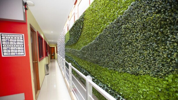 Een gang met een groene wand en een rode wand.
