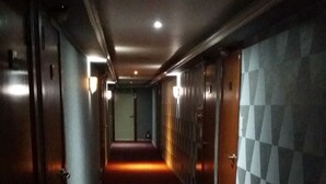 Un largo y estrecho pasillo con alfombra roja, puertas a ambos lados y paredes con diseños.