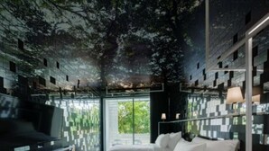 A modern hotel room with a large bed, a TV, and a ceiling mural. - Little Shelter Hotel Chiangmai  (Chiang Mai)