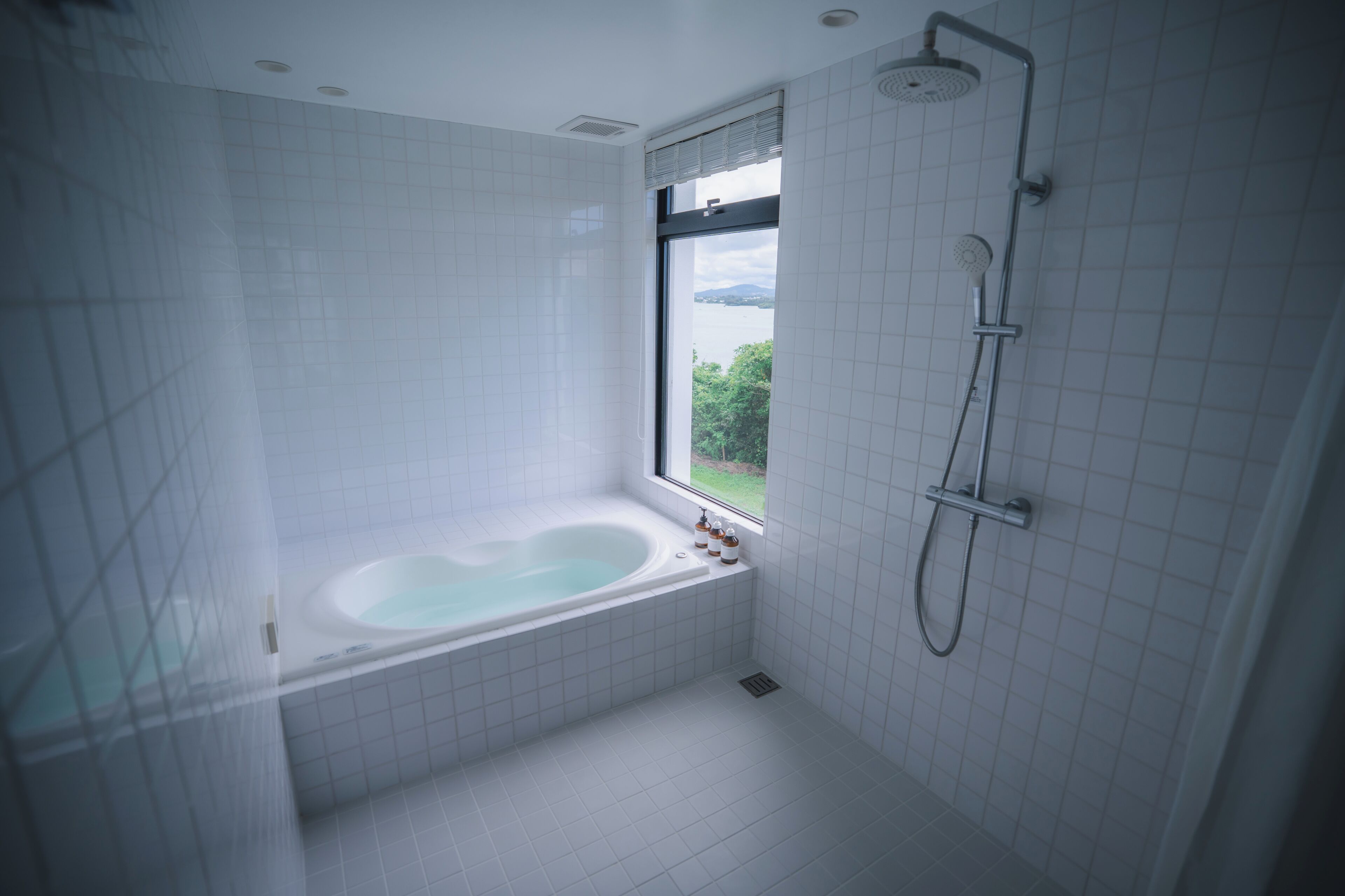 Ein modernes Badezimmer mit Badewanne, Dusche und einem Fenster mit Aussicht.