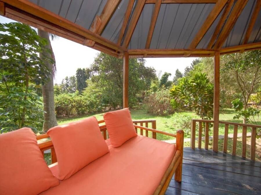 Una terraza de madera con zona de estar acolchada, rodeada de abundante vegetación y árboles.