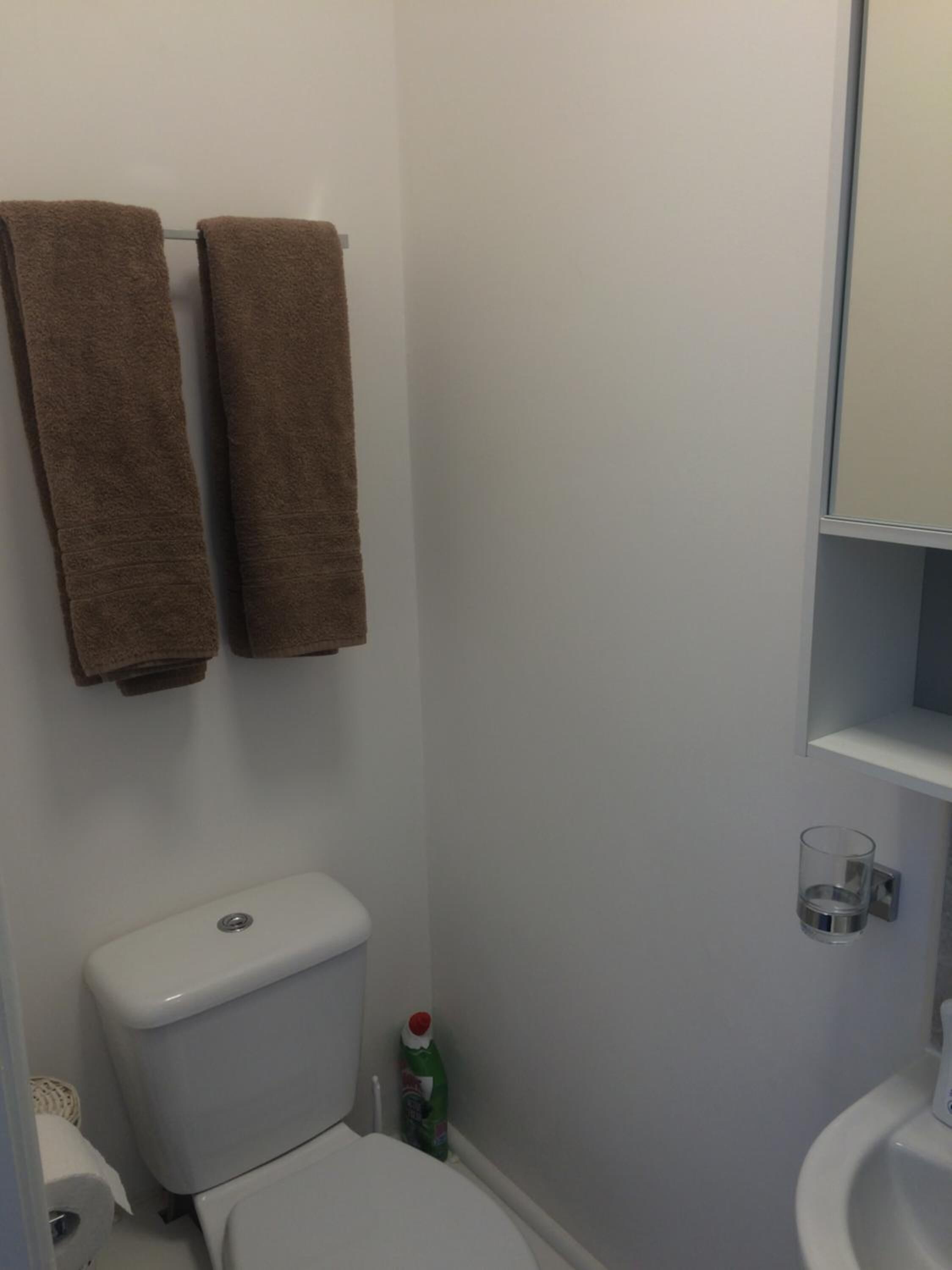 A small bathroom with a toilet, a sink, and a glass of water on the wall.