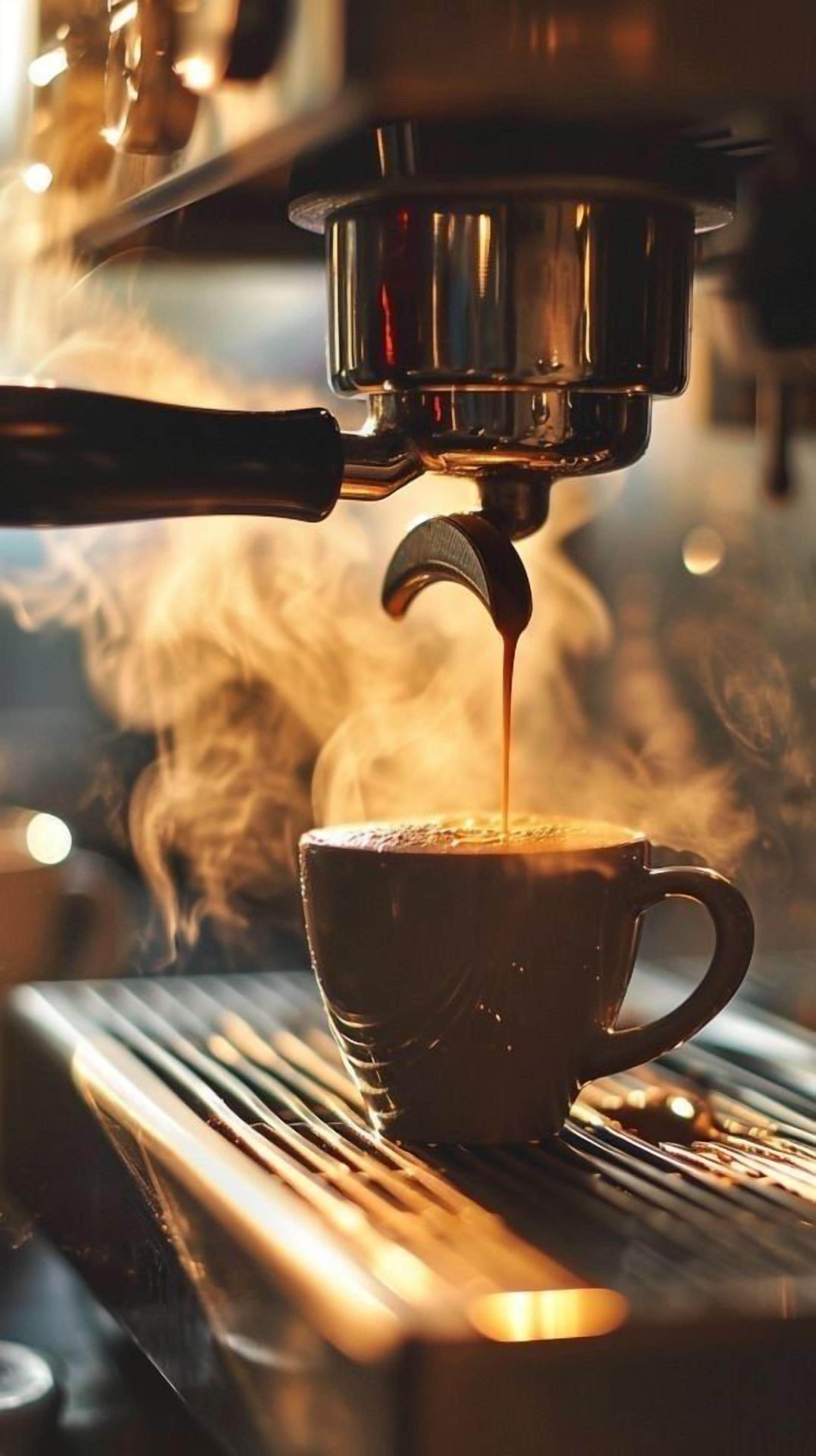 A coffee machine dispensing espresso into a cup.