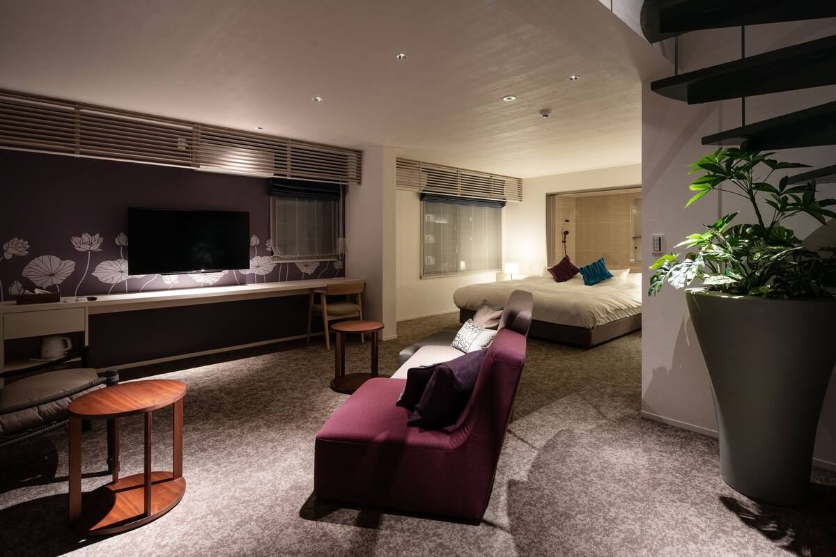 A modern hotel room with a sofa, a small round table, a TV, and a large potted plant.