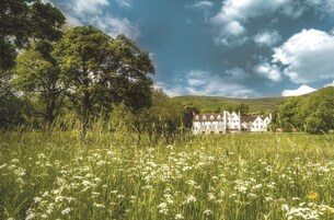 Una casa grande y blanca de varios pisos con fachada simétrica, rodeada por un campo verde exuberante con hierba alta y flores silvestres, bajo un cielo parcialmente nublado.