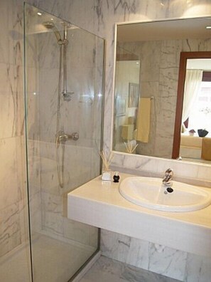 Shower, hair dryer, bidet, towels