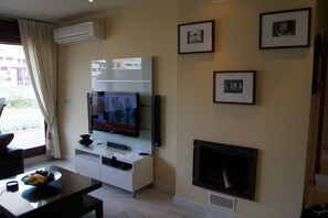 TV, fireplace, DVD player, music library