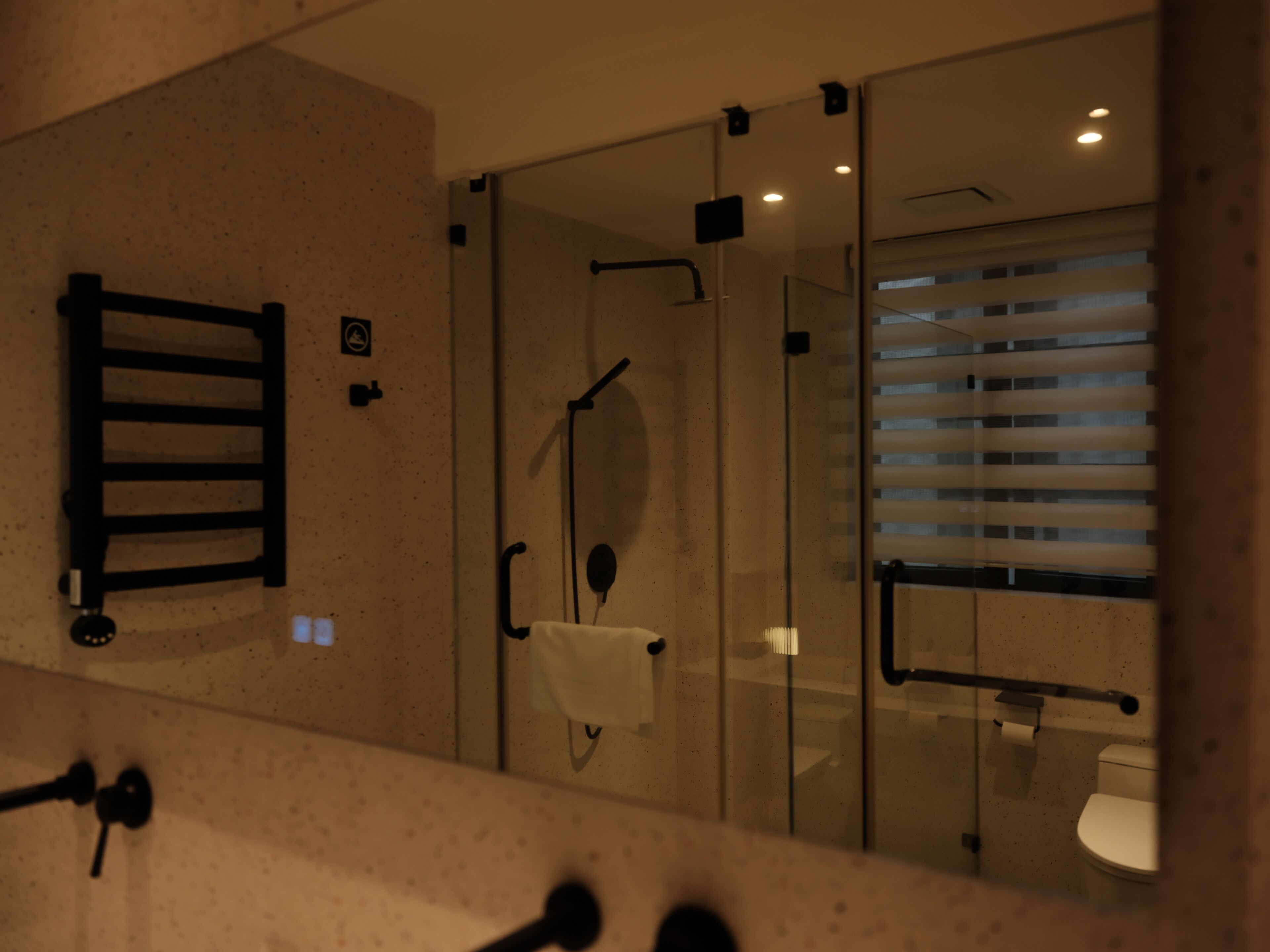 Une salle de bain moderne avec une douche à parois de verre, un porte-serviettes et des toilettes visibles à travers le verre.