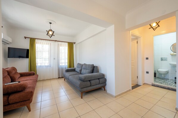 A living room with a grey sofa, a brown sofa, a flat-screen TV, and a ceiling light fixture.