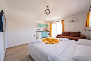A hotel room with a bed, a sofa, a kitchen area, and an air conditioning unit.