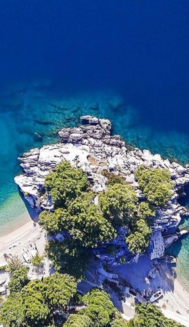 Eine Luftaufnahme einer felsigen Insel mit üppiger Vegetation und klarem, blauem Wasser.