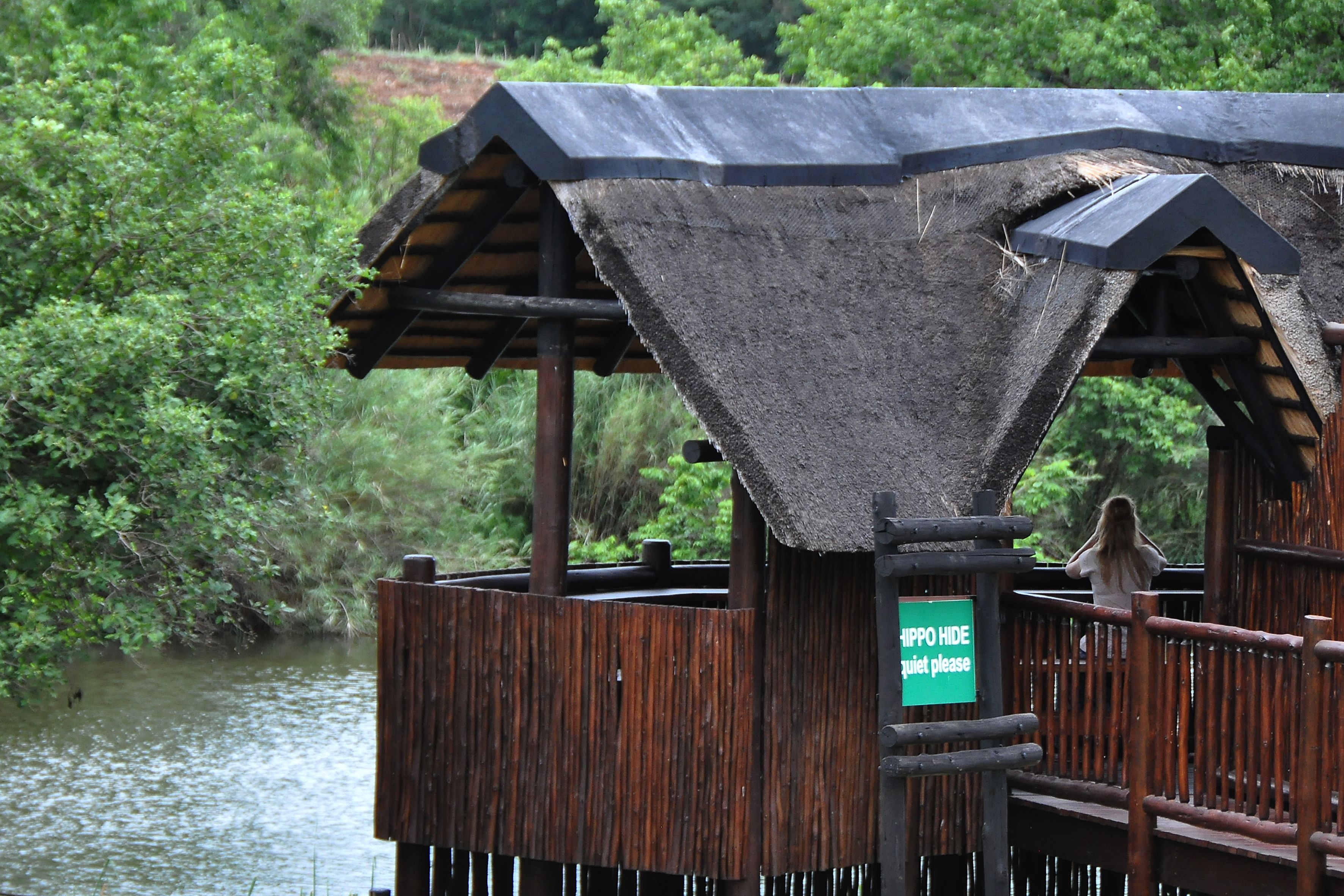 Une plateforme d’observation en bois, agrémentée d’un panneau indiquant : « SILENCE, OBSERVATION DES HIPPOPOTAMES », surplombant une rivière et une végétation luxuriante.