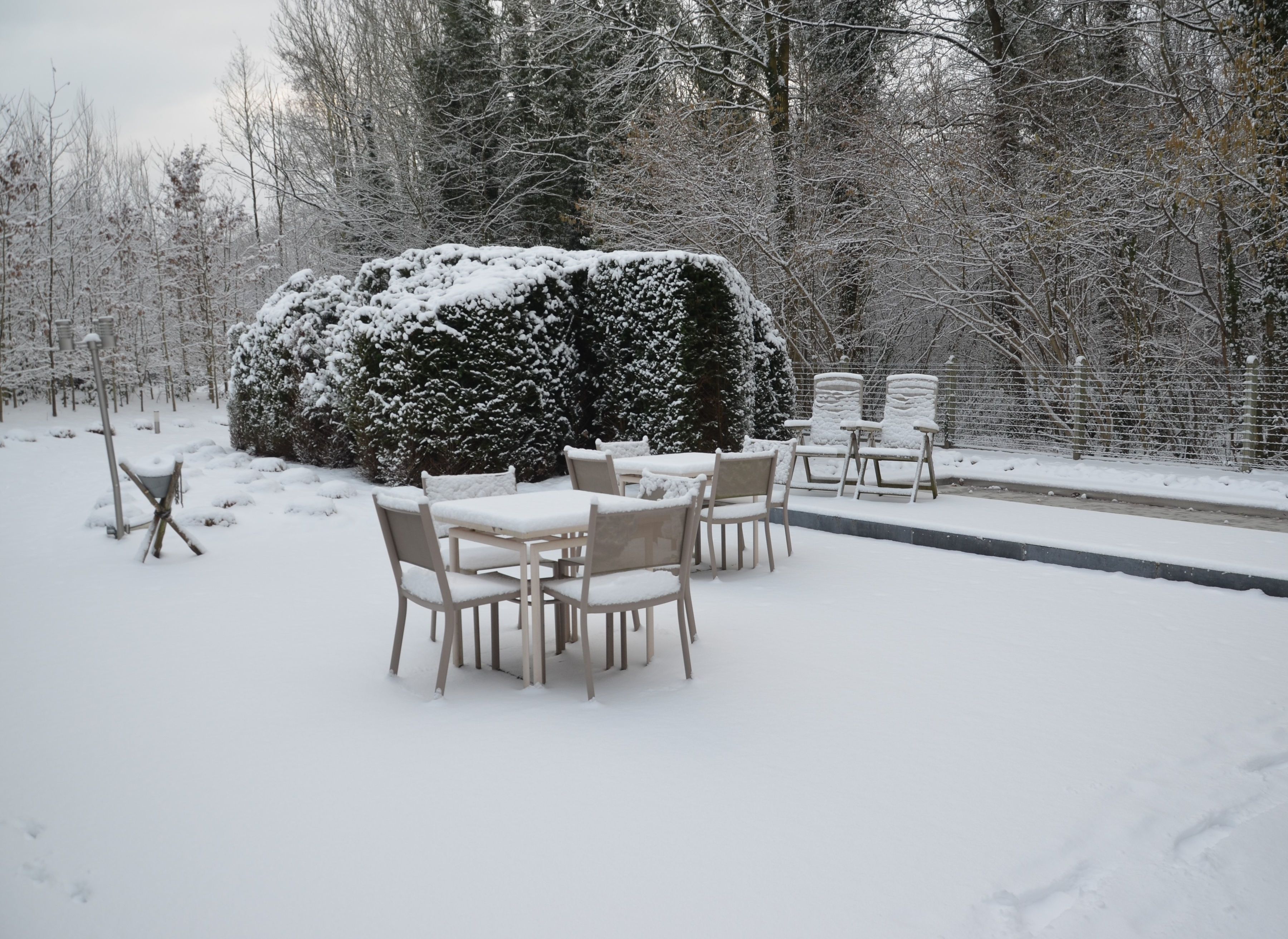 Een buiten zitgedeelte bedekt met sneeuw, met tafels en stoelen, omgeven door bomen en een besneeuwde haag.