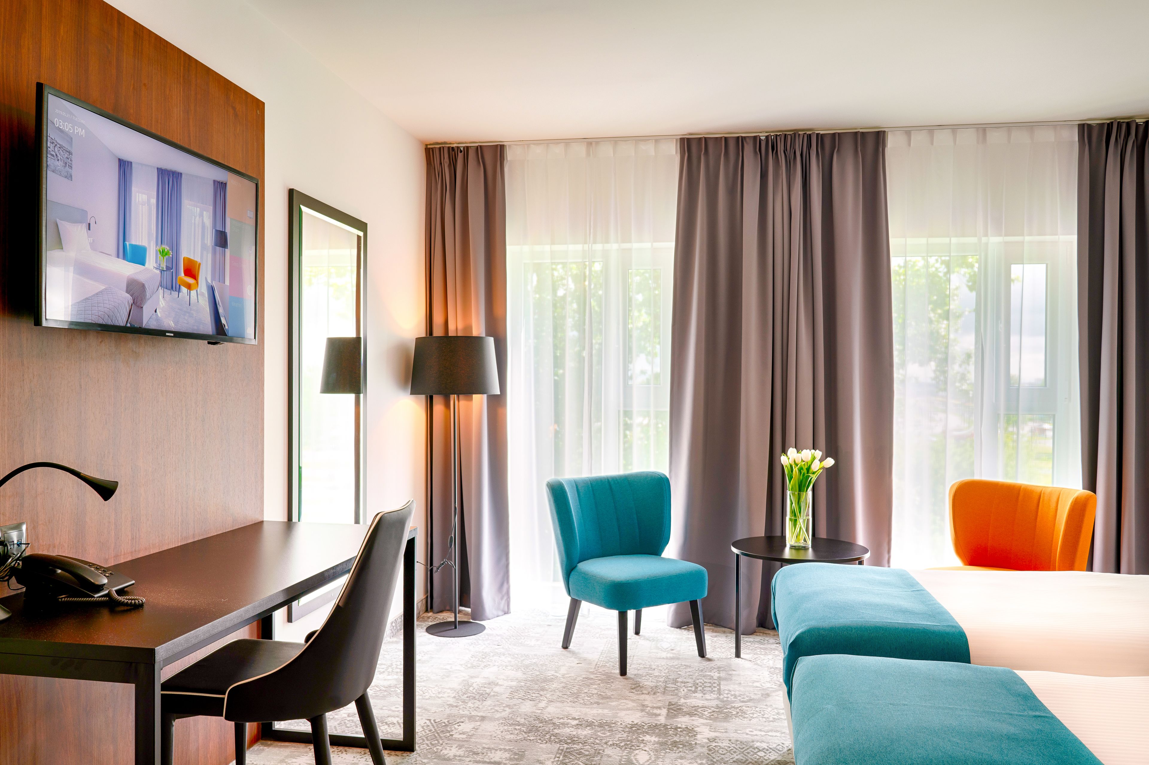 desk, blackout curtains, soundproofing, iron/ironing board