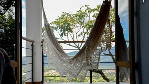 Una hamaca colgada en una habitación con vistas a un árbol y montañas.