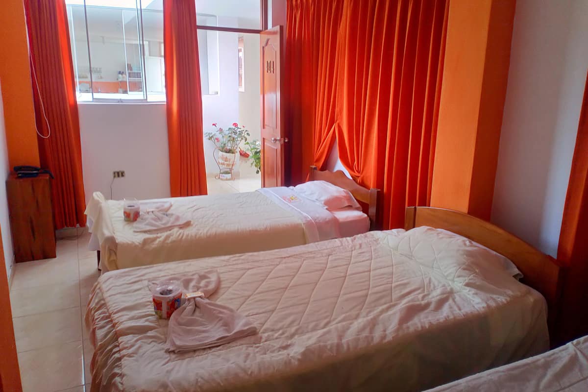 A hotel room with two beds, a wooden wardrobe, a potted plant, and a view of the outside.