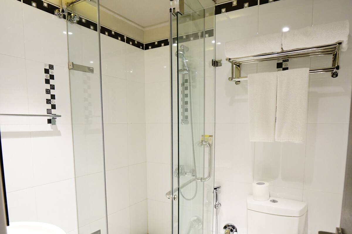 A modern bathroom with a glass-enclosed shower, a white toilet, and a black sink.