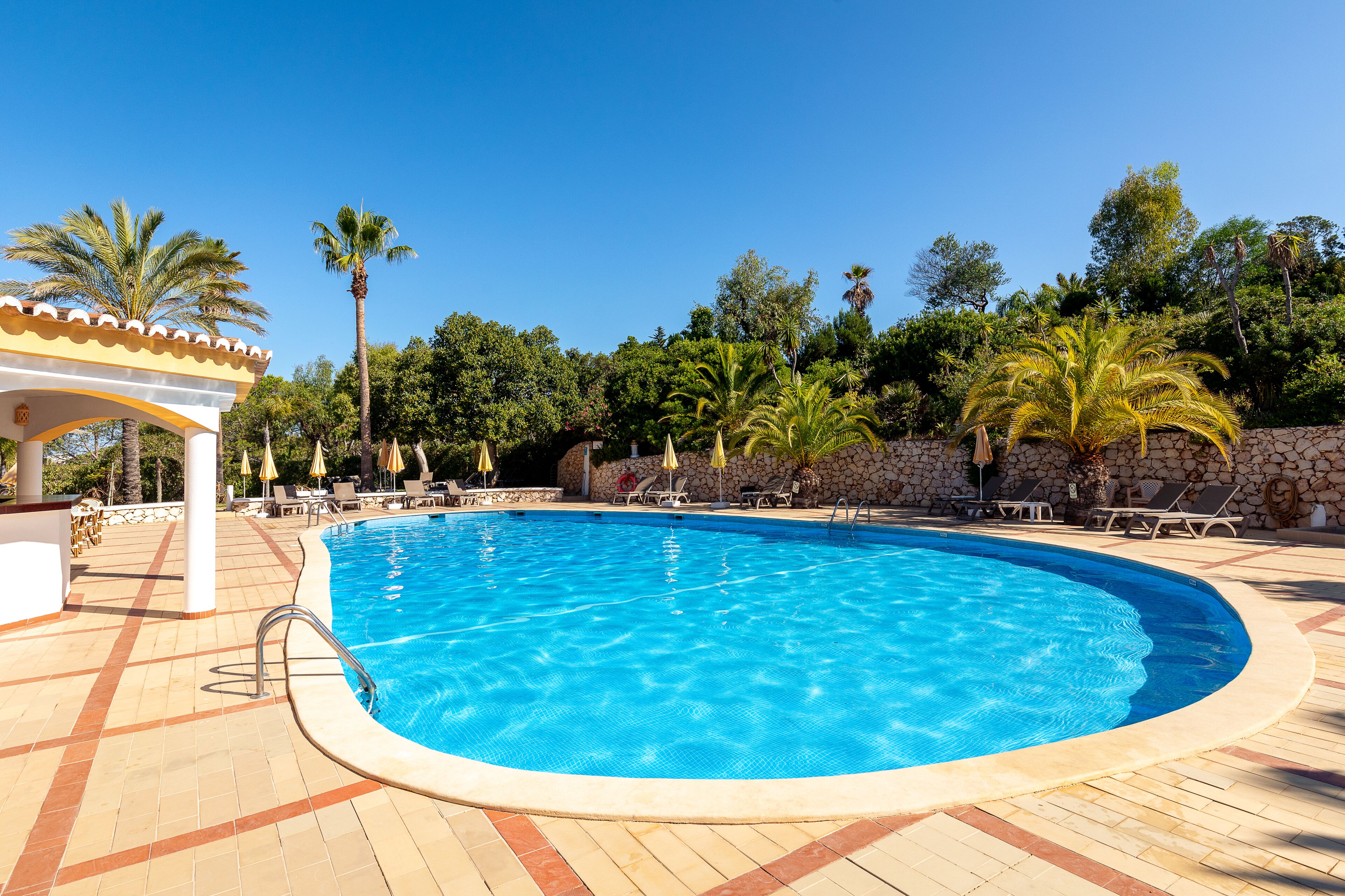 A swimming pool with lounge chairs and umbrellas, surrounded by palm trees and a stone wall.
