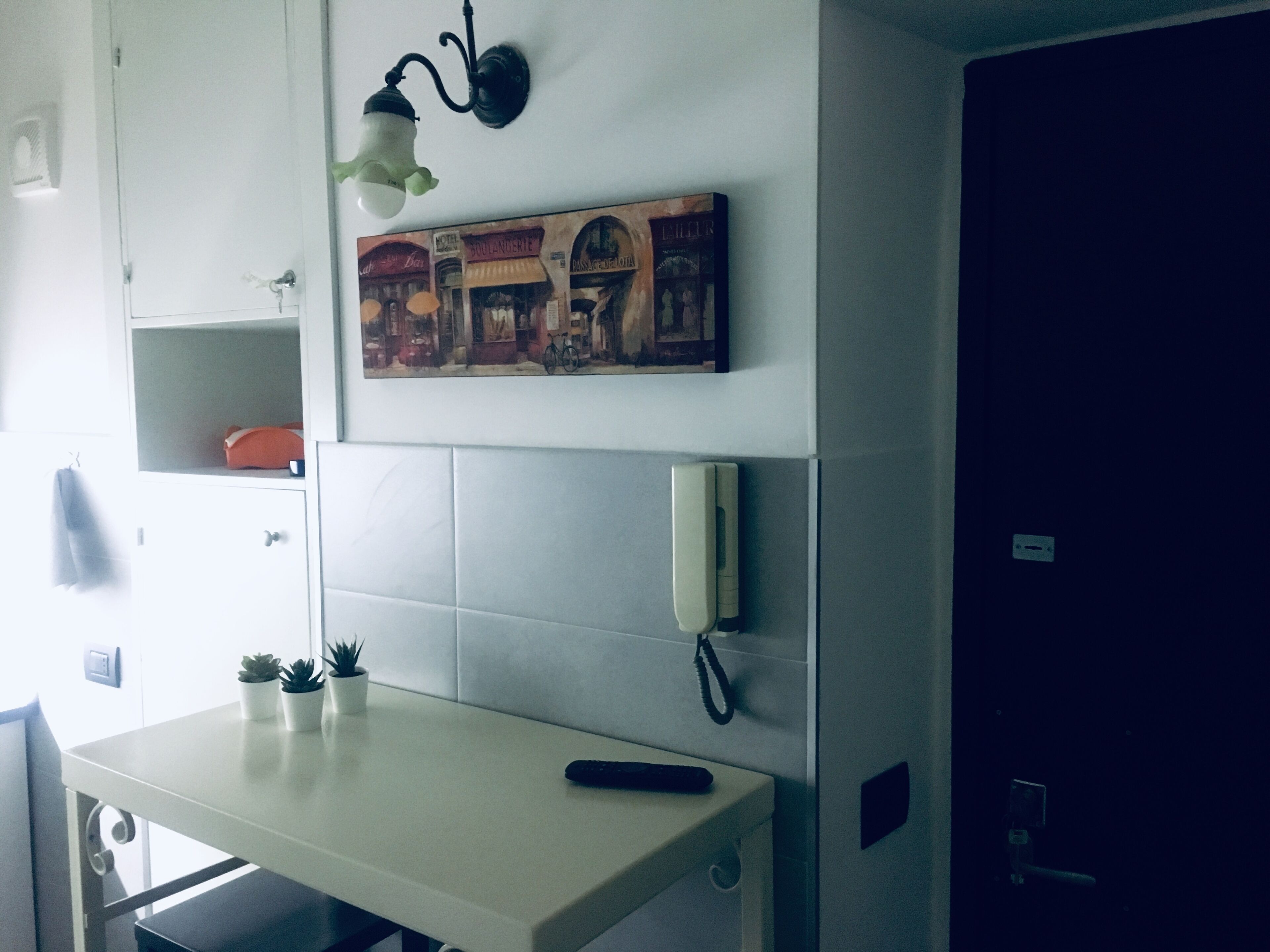 A kitchen with a white countertop, a small potted plant, a mounted telephone, and a wall-mounted light fixture.