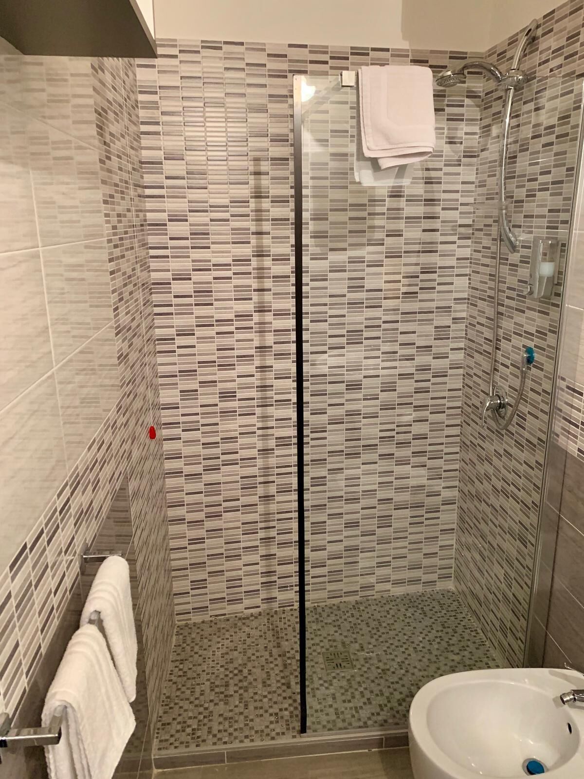 Ducha con puerta de vidrio, paredes de azulejos y un lavamanos blanco.
