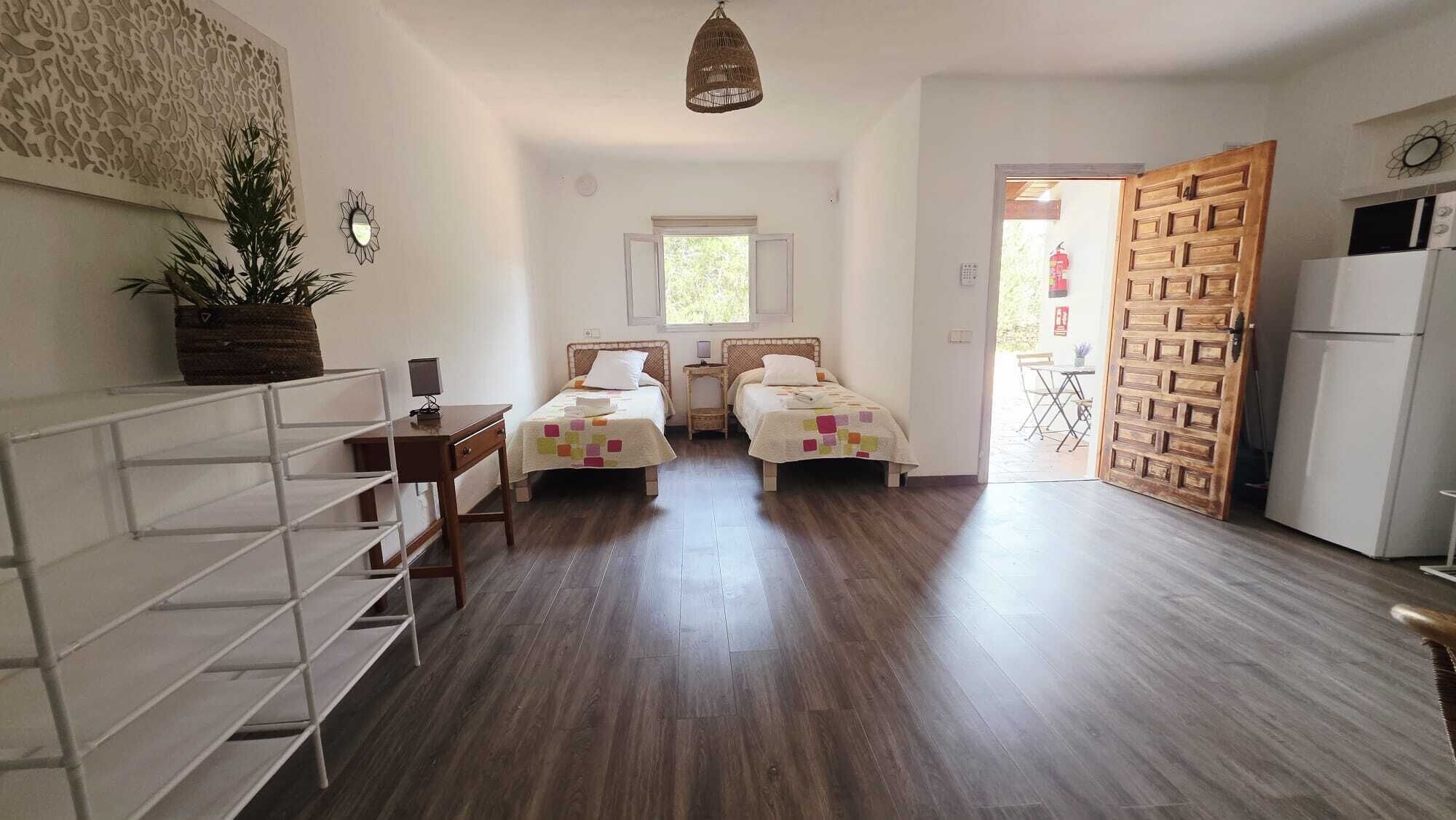 Una habitación con dos camas, un escritorio, una silla, una planta en maceta y una puerta de madera.
