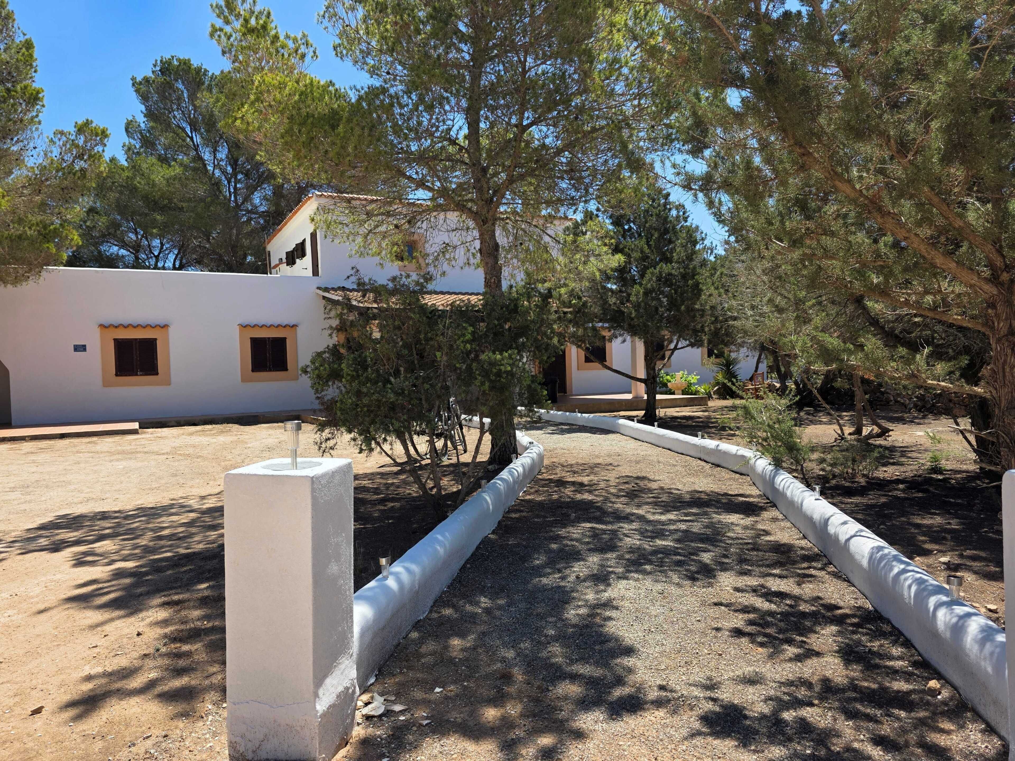 A building with a white facade, a paved area, and trees.