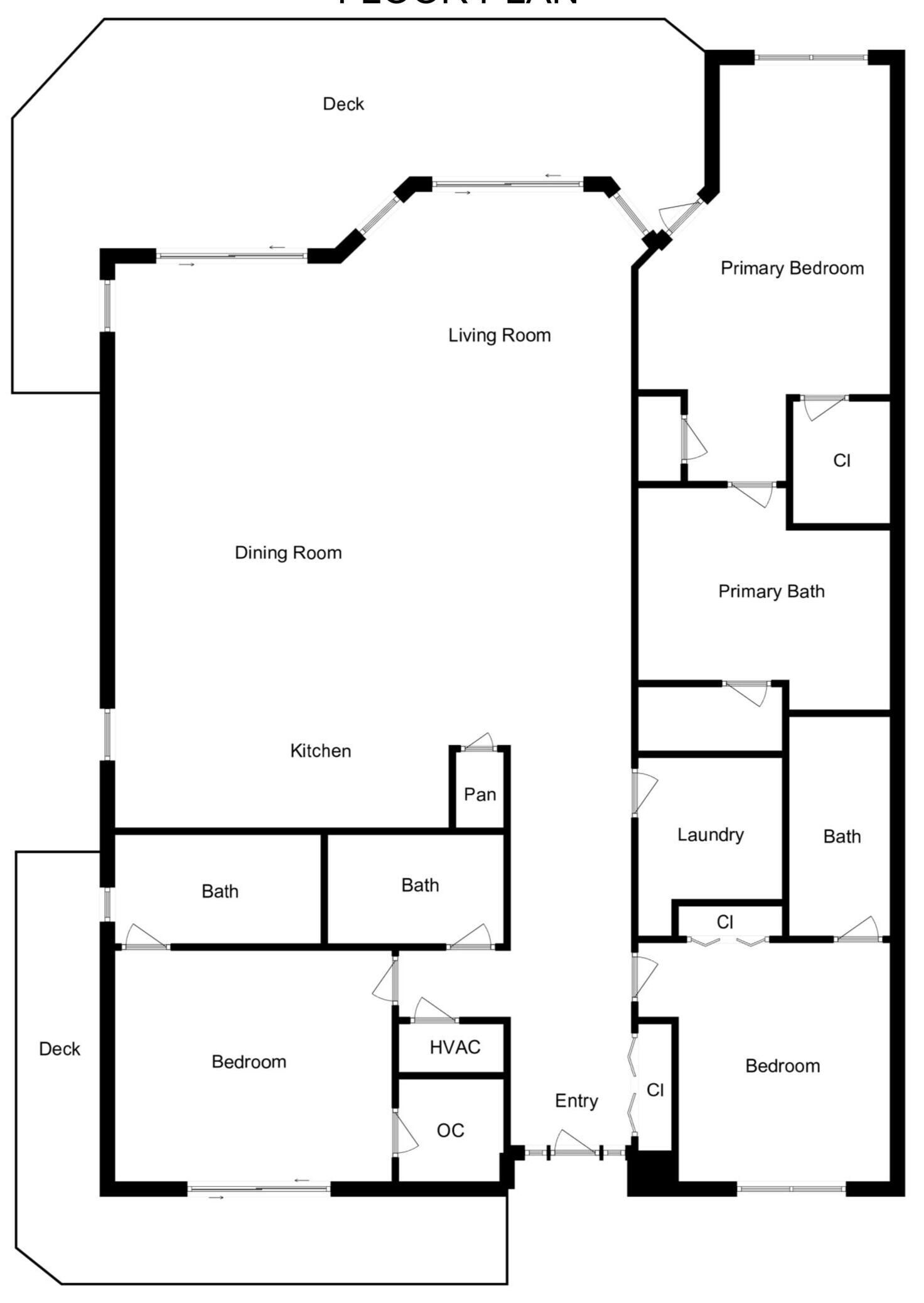 A floor plan with a deck, living room, dining room, kitchen, two bathrooms, a primary bedroom, a primary bath, a laundry area, and an entry point.
