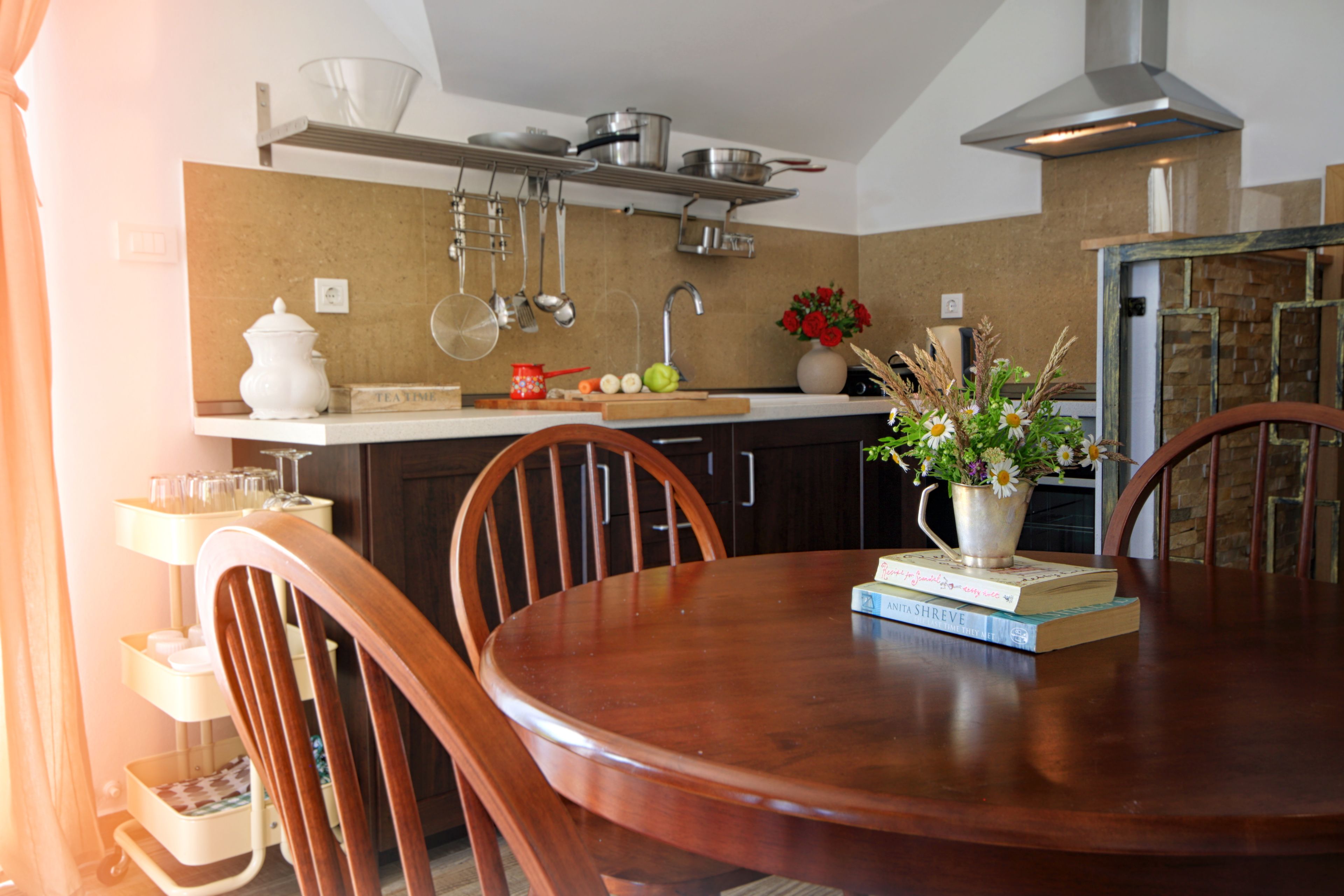 Una cocina con una mesa de madera, sillas, un colgador para ollas y una planta en maceta.
