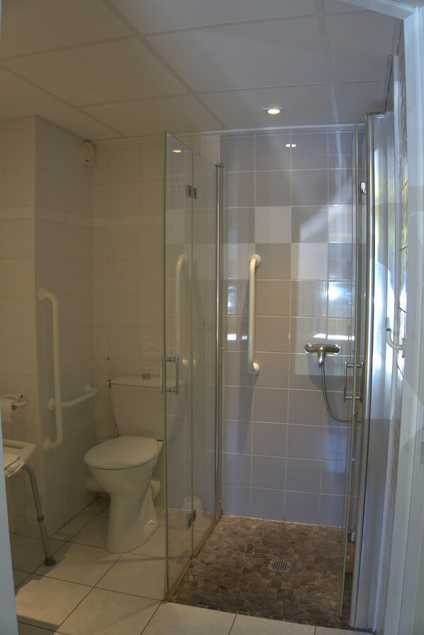 A modern bathroom with a glass-enclosed shower, a toilet, and a bidet.