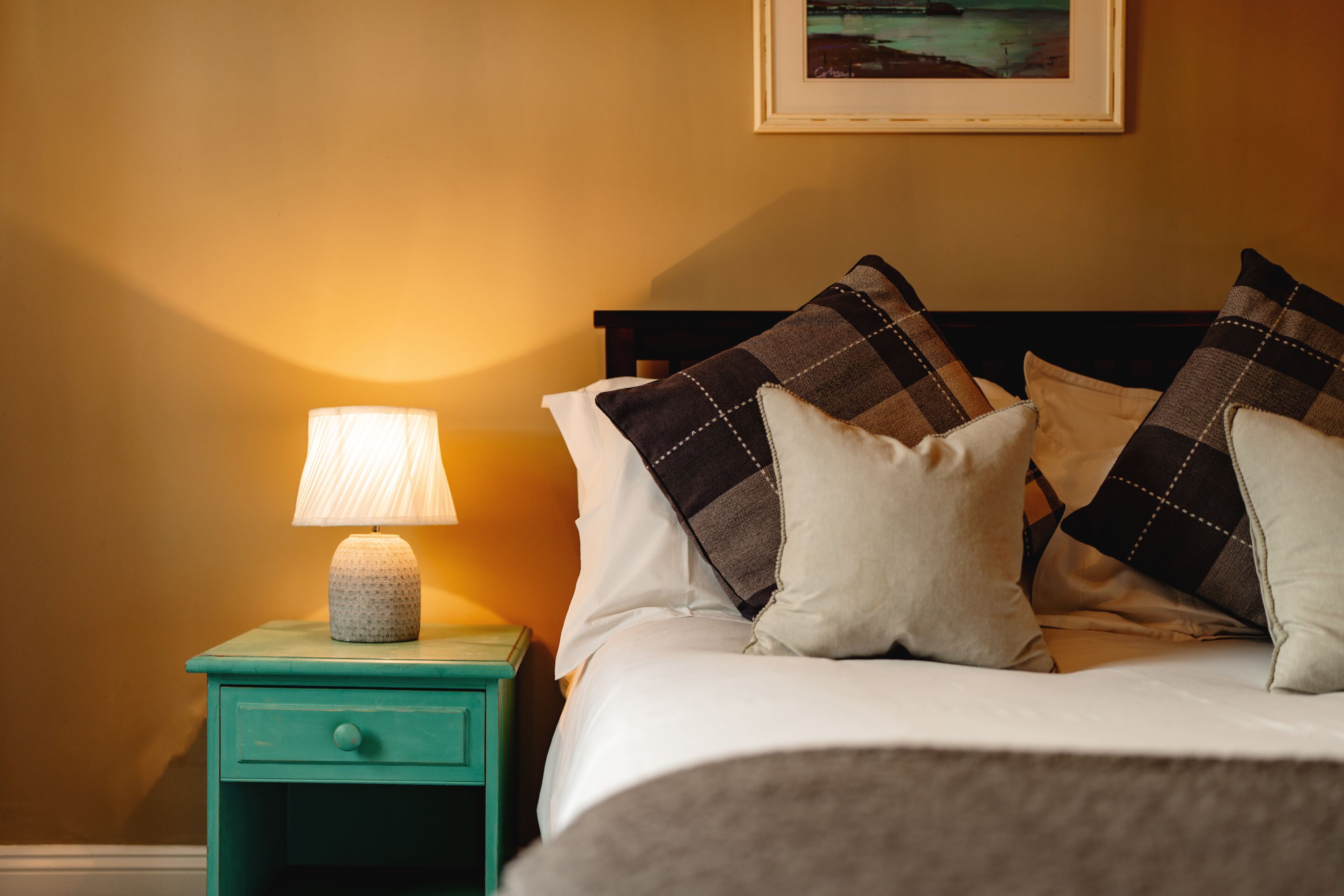 A neatly made bed with plaid pillows and a lamp on a teal nightstand.