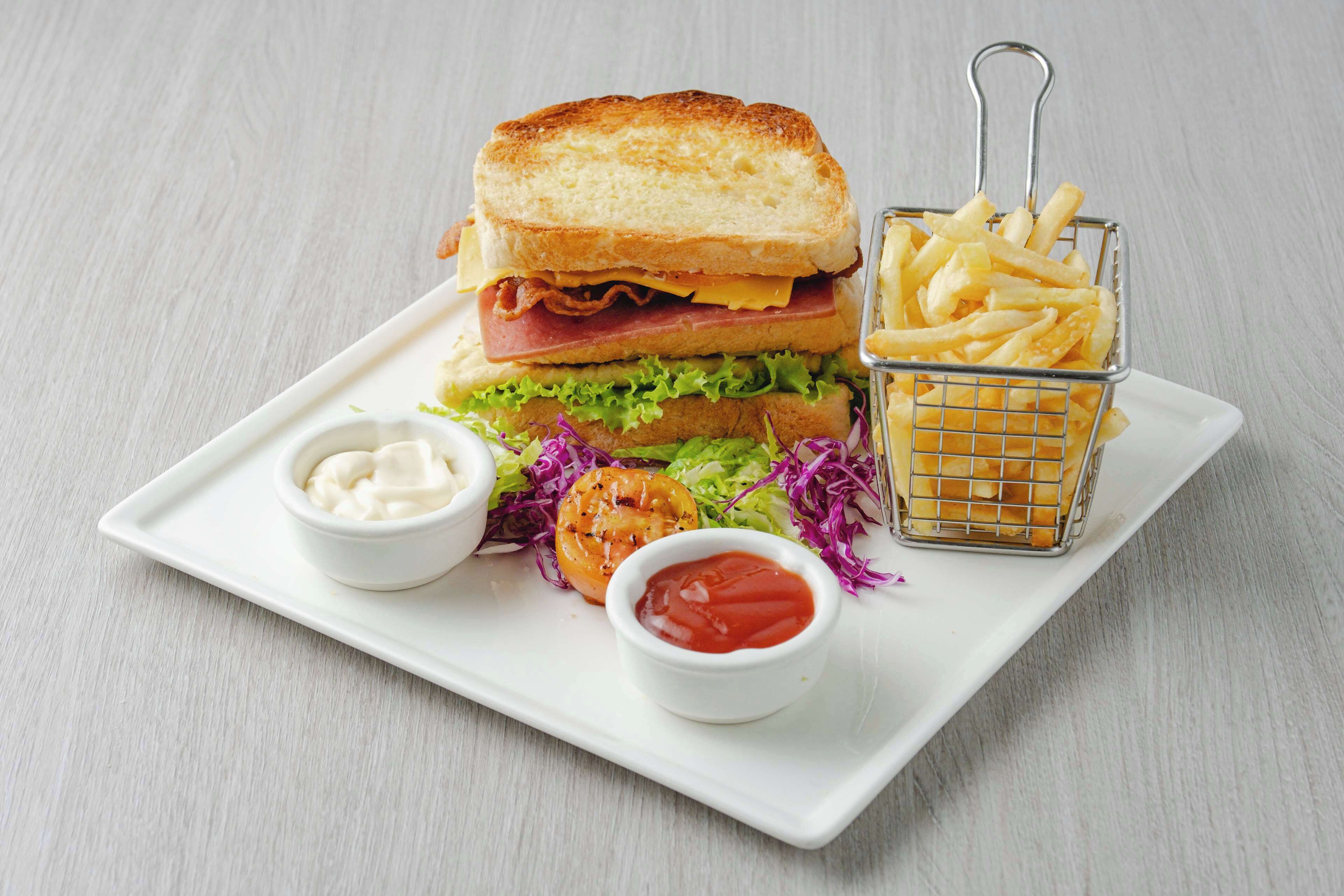 A plate with a grilled sandwich, French fries, and two small bowls of condiments.