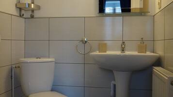 A bathroom with a toilet, sink, and mirror.