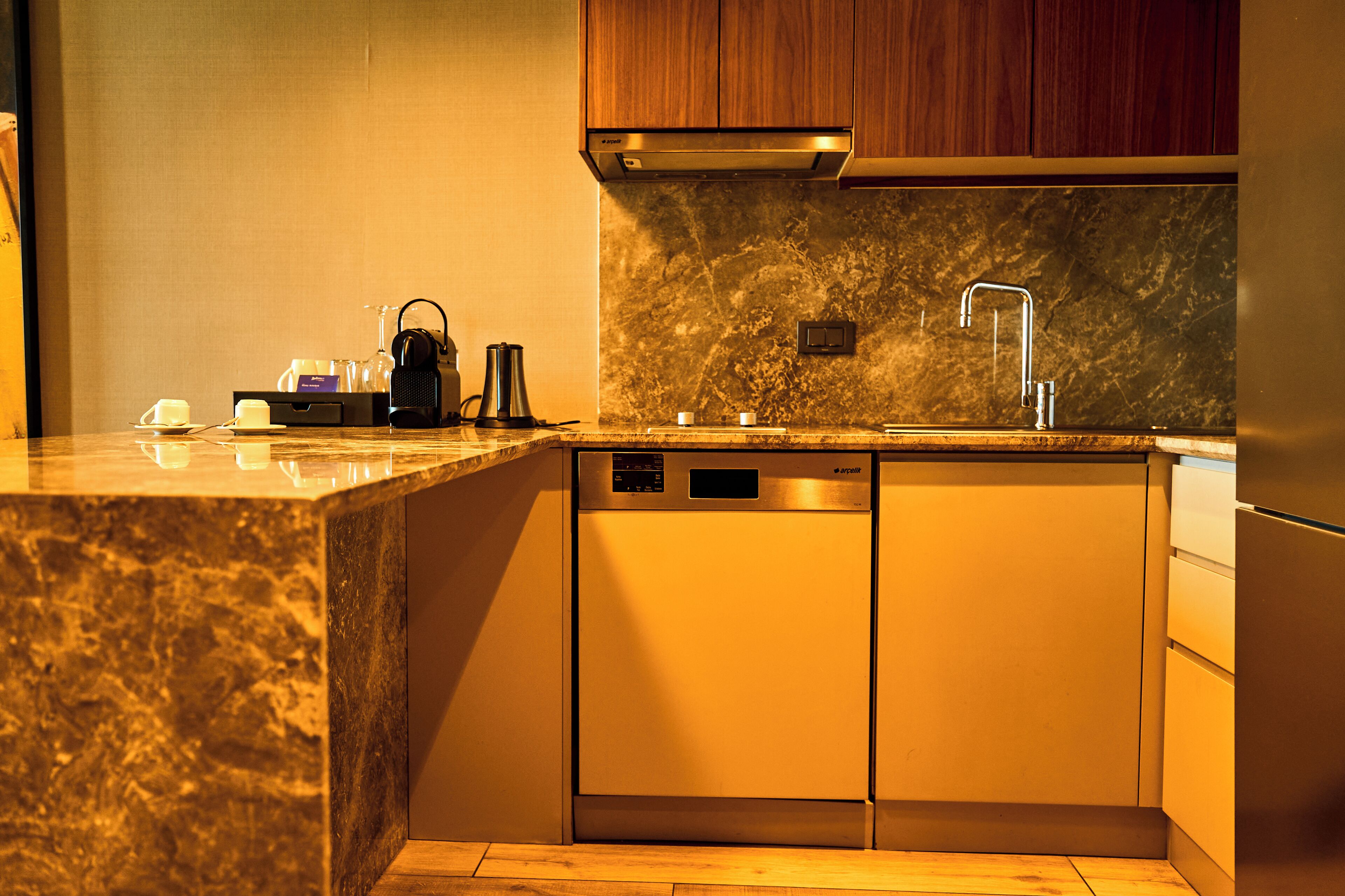 A modern kitchen with a built-in dishwasher, a stainless steel sink, and wooden cabinets.