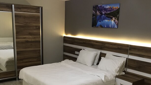 A modern bedroom with a large bed, a nightstand, a bedside table, a wardrobe, and a wall-mounted picture. - Ankara Atlantik Otel (Ankara)