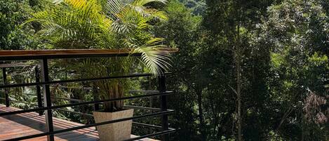Una piscina con cubierta de madera y barandillas metálicas, rodeada de abundante vegetación y un paisaje montañoso.