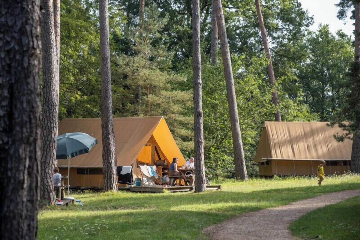 A campsite with two tents, one with an umbrella, and a picnic table.