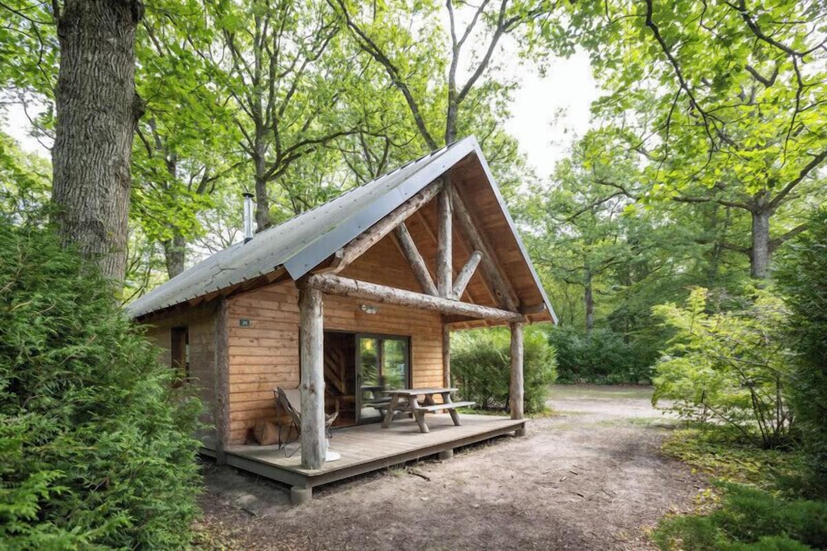 A rustic cabin with a wooden exterior, a porch, and a picnic table.